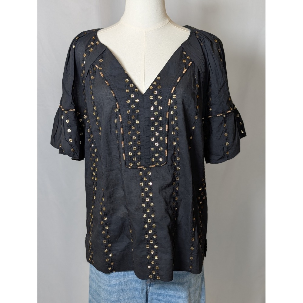 Democracy Black Gold Sequin Floral Embroidered V-Neck Flutter Sleeve Blouse M
